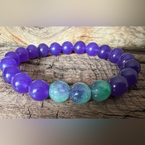 New Green Fluorite & Amethyst Bracelet Natural Stone Beaded Stretchy (8mm) - Picture 1 of 4